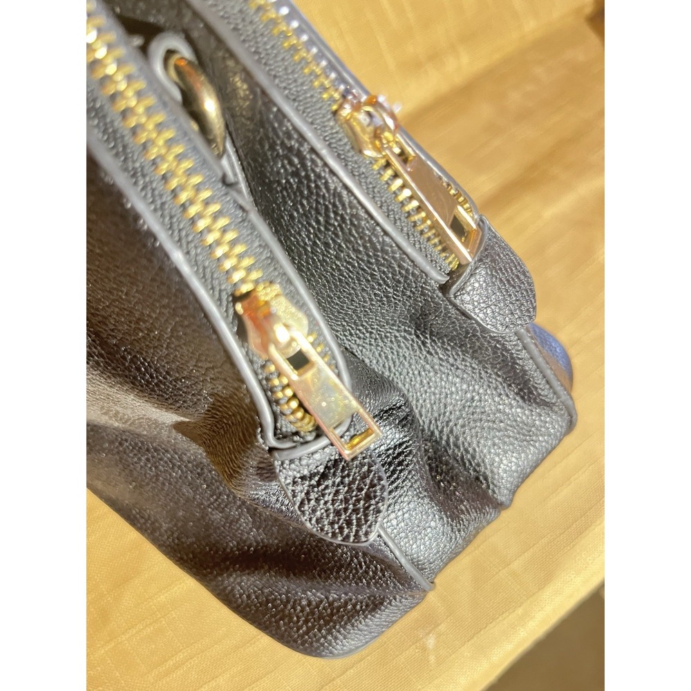 VIETA Black Pebbled Satchel Handbag Gold Tone Ring Handles Double Zip Purse - Picture 7 of 10